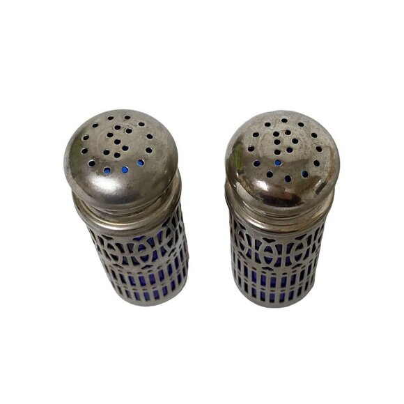 Vintage Salt and Pepper Shakers Blue Glass with Silvertone Overlay 2.75" high - Picture 6 of 8
